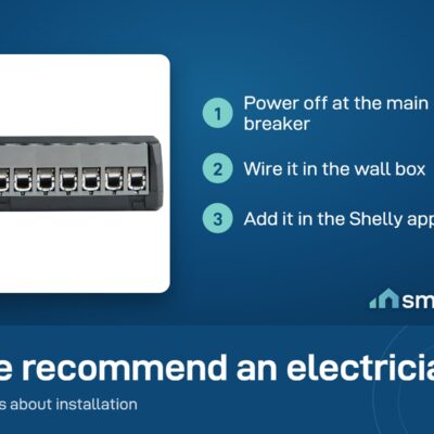 Shelly 2PM Gen4 terminal block: power off, wire it in the wall box, add it in the Shelly app