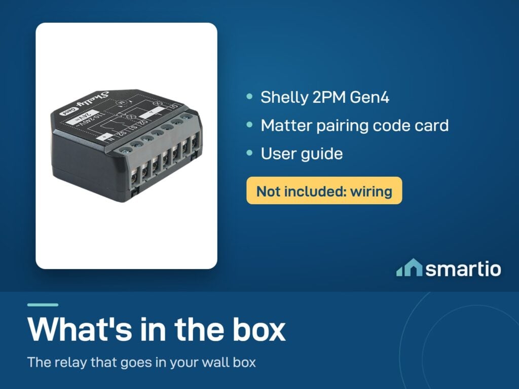 What's in the Shelly 2PM Gen4 box: the module, a Matter pairing code card and a user guide. Wiring is not included