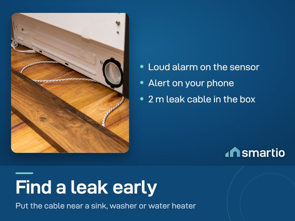 Shelly Flood Gen4 leak cable lying along the floor beside a washing machine