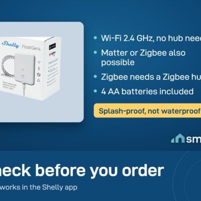 Shelly Flood Gen4 box. Wi-Fi 2.4 GHz with no hub, or Matter or Zigbee. 4 AA batteries included. IP44 splash-proof