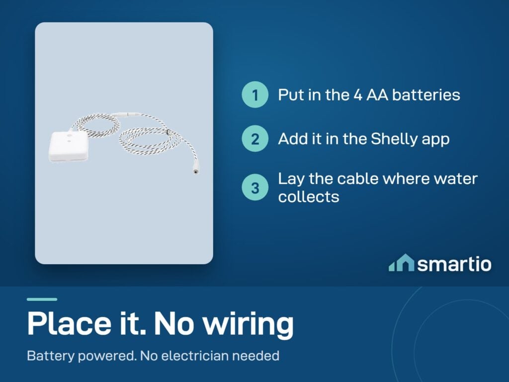 Shelly Flood Gen4 setup: put in the 4 AA batteries, add it in the Shelly app, lay the leak cable where water collects