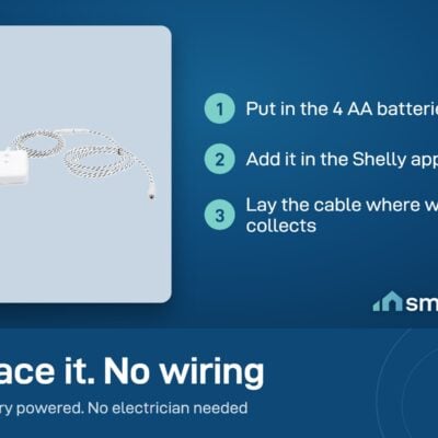 Shelly Flood Gen4 setup: put in the 4 AA batteries, add it in the Shelly app, lay the leak cable where water collects