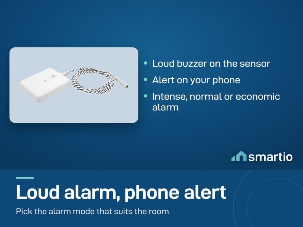 Shelly Flood Gen4 leak sensor with its cable. It sounds a buzzer and sends a phone alert; three alarm modes