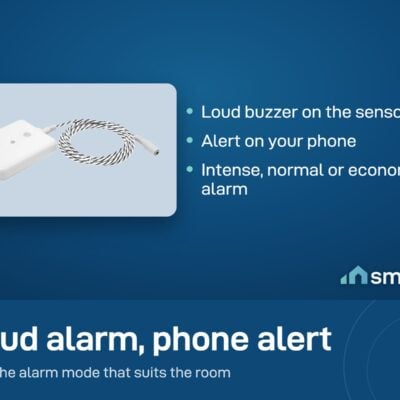 Shelly Flood Gen4 leak sensor with its cable. It sounds a buzzer and sends a phone alert; three alarm modes