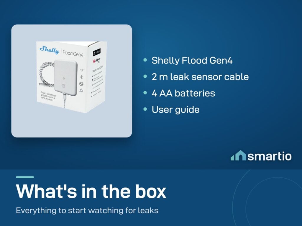 What's in the Shelly Flood Gen4 box: the sensor, a 2 m leak sensor cable, 4 AA batteries and a user guide