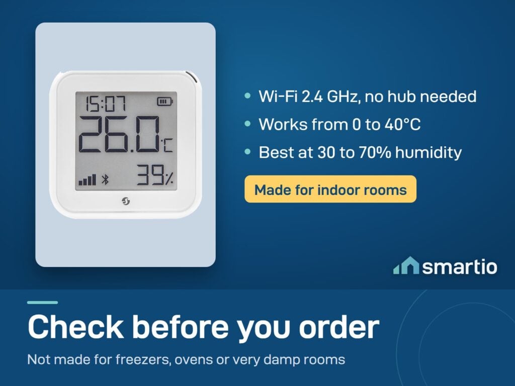 Shelly H&T Gen3 sensor: Wi-Fi 2.4 GHz with no hub, works from 0 to 40 degrees Celsius, best at 30 to 70 percent humidity