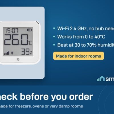 Shelly H&T Gen3 sensor: Wi-Fi 2.4 GHz with no hub, works from 0 to 40 degrees Celsius, best at 30 to 70 percent humidity