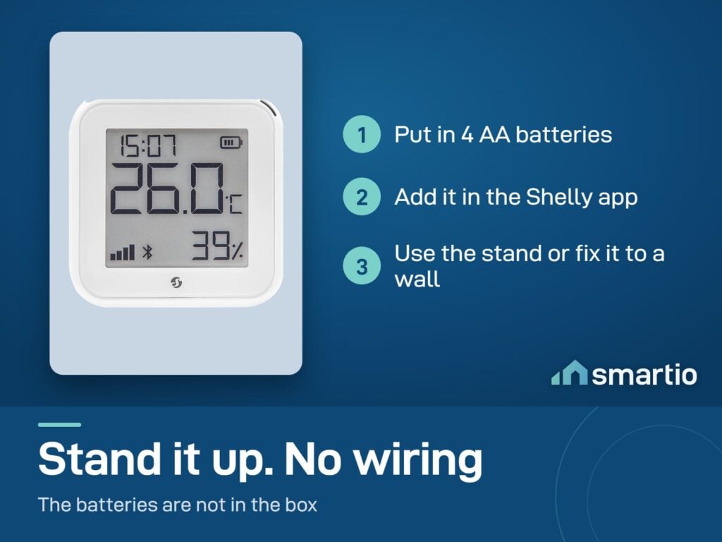 Shelly H&T Gen3 setup: put in 4 AA batteries, add it in the Shelly app, stand it up or fix it to a wall