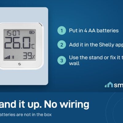 Shelly H&T Gen3 setup: put in 4 AA batteries, add it in the Shelly app, stand it up or fix it to a wall