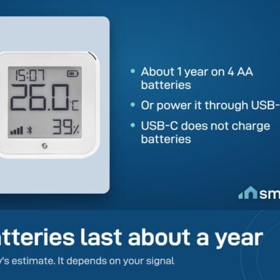 Shelly H&T Gen3 runs about a year on 4 AA batteries, or on USB-C power. USB-C does not charge the batteries