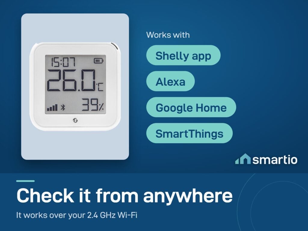 Shelly H&T Gen3 works with the Shelly app, Alexa, Google Home and SmartThings over 2.4 GHz Wi-Fi