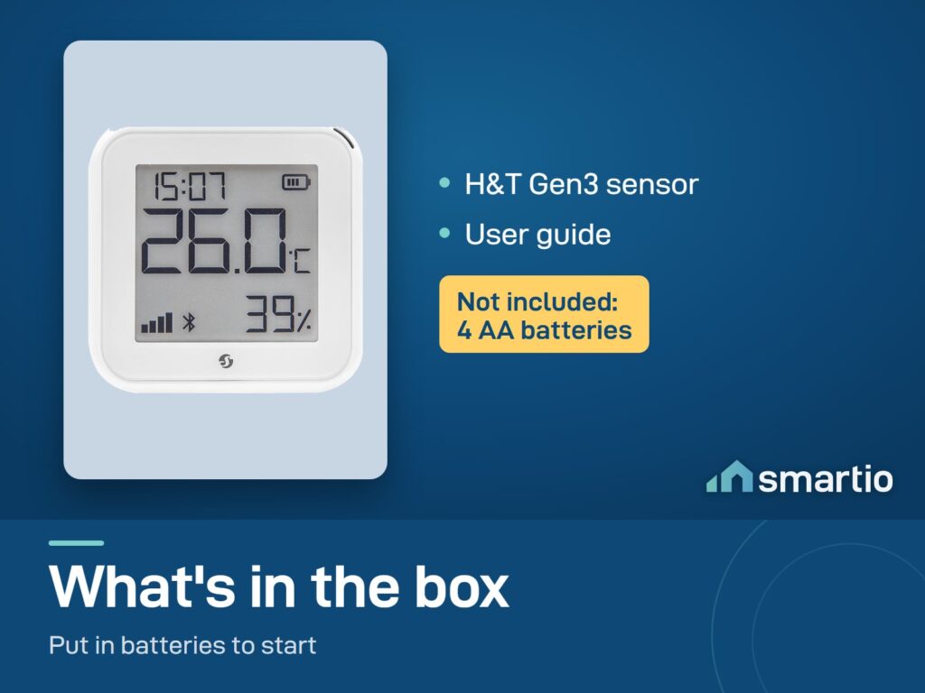 What's in the Shelly H&T Gen3 box: the sensor and a user guide. 4 AA batteries are not included