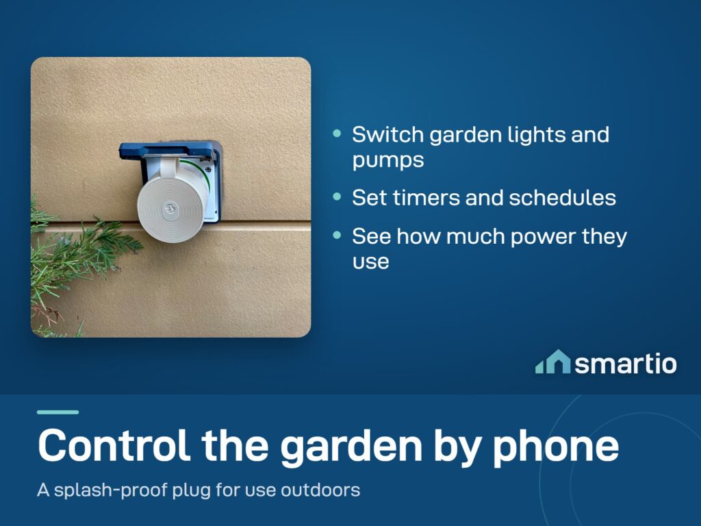Shelly Outdoor Plug S Gen3 plugged into an outdoor wall socket on a garden wall
