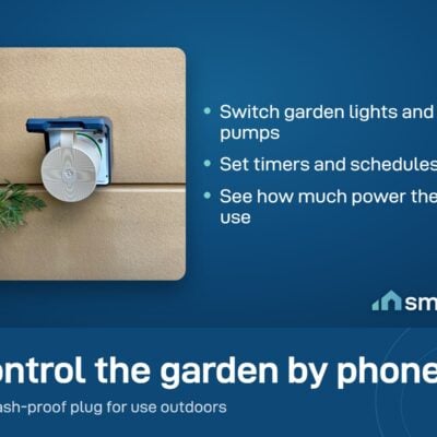 Shelly Outdoor Plug S Gen3 plugged into an outdoor wall socket on a garden wall