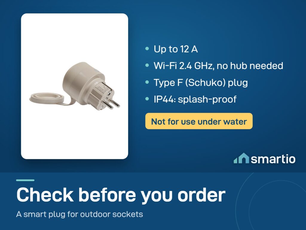 Shelly Outdoor Plug S Gen3 is rated up to 12 A, uses Wi-Fi 2.4 GHz with no hub, has a Type F plug and is IP44
