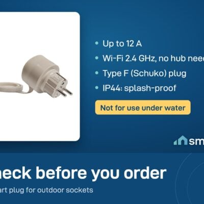 Shelly Outdoor Plug S Gen3 is rated up to 12 A, uses Wi-Fi 2.4 GHz with no hub, has a Type F plug and is IP44