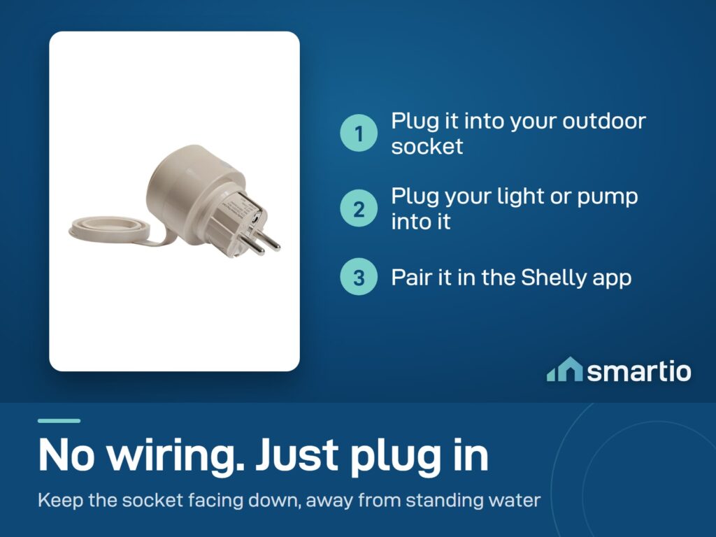 Shelly Outdoor Plug S Gen3 setup: plug into an outdoor socket, plug in your light or pump, pair in the Shelly app