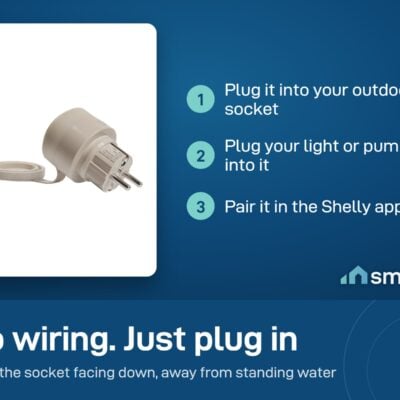 Shelly Outdoor Plug S Gen3 setup: plug into an outdoor socket, plug in your light or pump, pair in the Shelly app