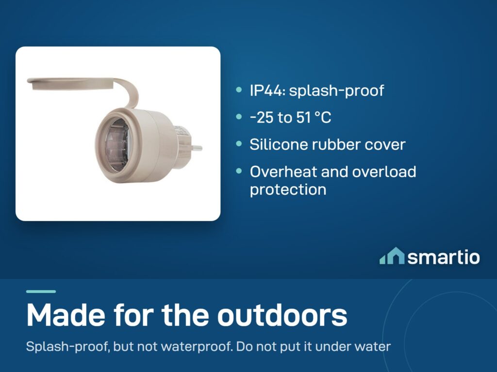 Shelly Outdoor Plug S Gen3 with its silicone rubber cover open. IP44 splash-proof, -25 to 51 degrees C