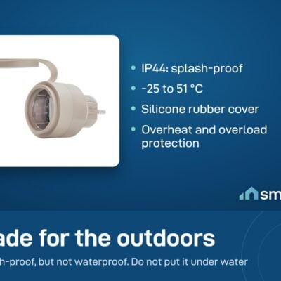 Shelly Outdoor Plug S Gen3 with its silicone rubber cover open. IP44 splash-proof, -25 to 51 degrees C
