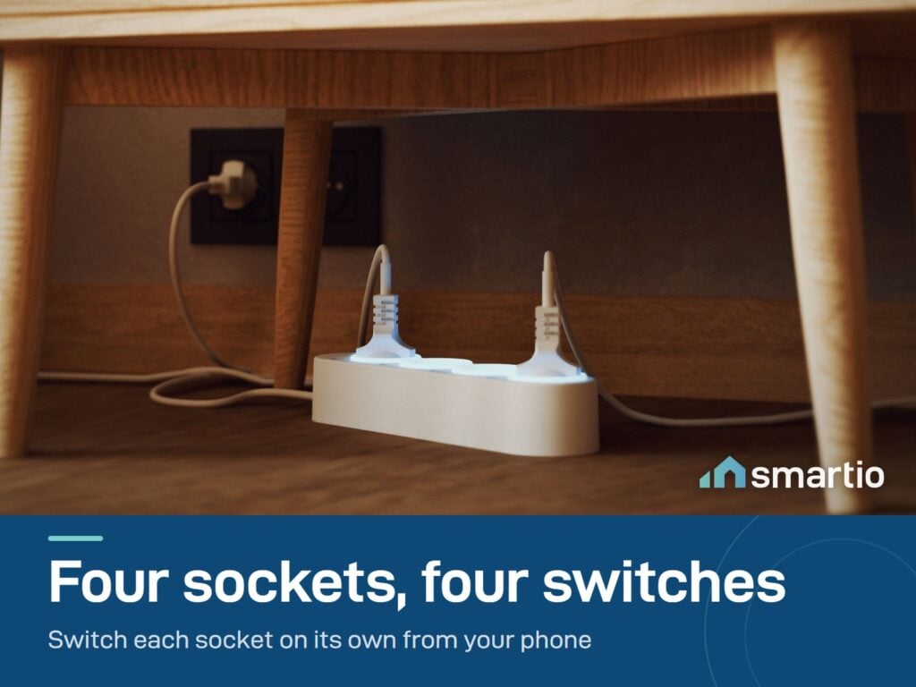 Shelly Power Strip 4 Gen4 under a bedside table with glowing rings around the sockets