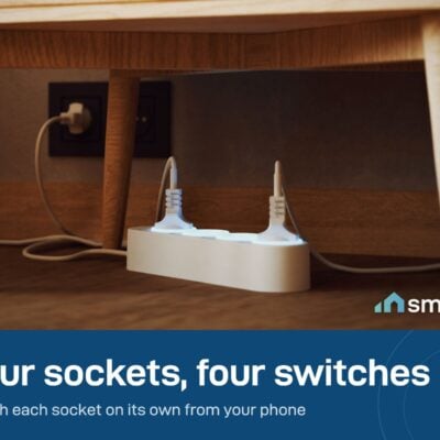 Shelly Power Strip 4 Gen4 under a bedside table with glowing rings around the sockets
