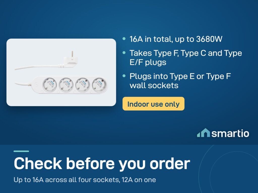 Shelly Power Strip 4 Gen4: 16A in total across four sockets, Type F, C and E/F plugs, indoor use only