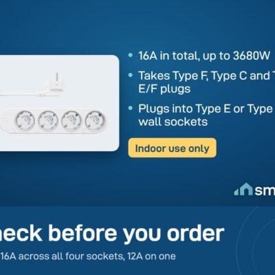 Shelly Power Strip 4 Gen4: 16A in total across four sockets, Type F, C and E/F plugs, indoor use only