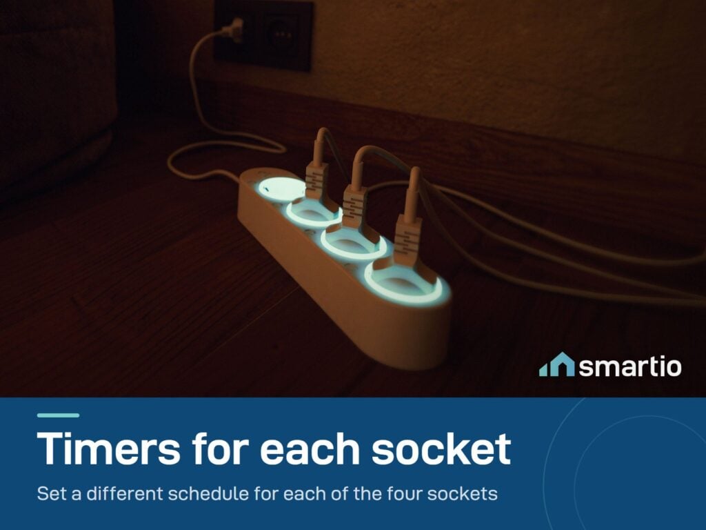 Shelly Power Strip 4 Gen4 in a dim room with light rings around the plugged-in sockets