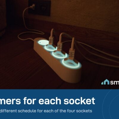 Shelly Power Strip 4 Gen4 in a dim room with light rings around the plugged-in sockets