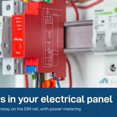Shelly Pro 1PM installed on the DIN rail in an electrical panel