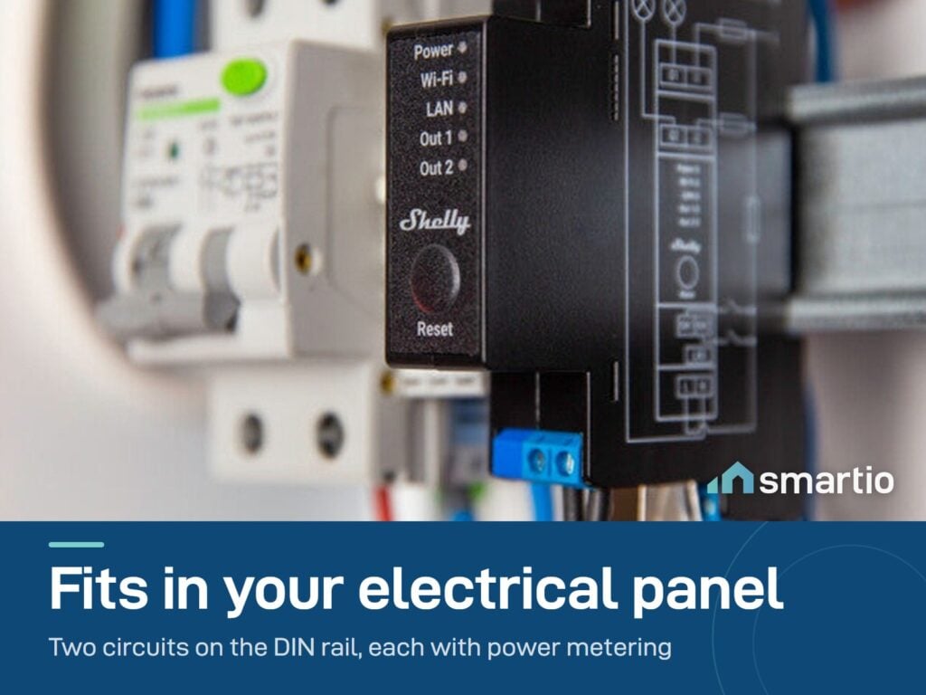 Shelly Pro 2PM installed on the DIN rail in an electrical panel