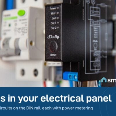 Shelly Pro 2PM installed on the DIN rail in an electrical panel