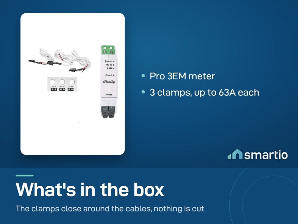 What's in the Shelly Pro 3EM box: meter and 3 clamps up to 63A