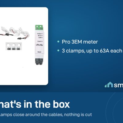 What's in the Shelly Pro 3EM box: meter and 3 clamps up to 63A
