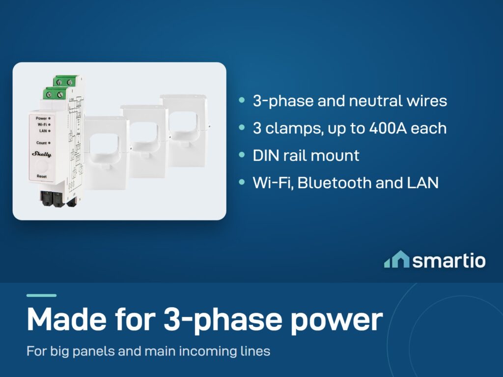 Shelly Pro 3EM-400 three-phase energy meter with clamps up to 400A, DIN rail mount, Wi-Fi, Bluetooth and LAN
