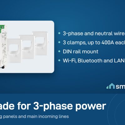 Shelly Pro 3EM-400 three-phase energy meter with clamps up to 400A, DIN rail mount, Wi-Fi, Bluetooth and LAN