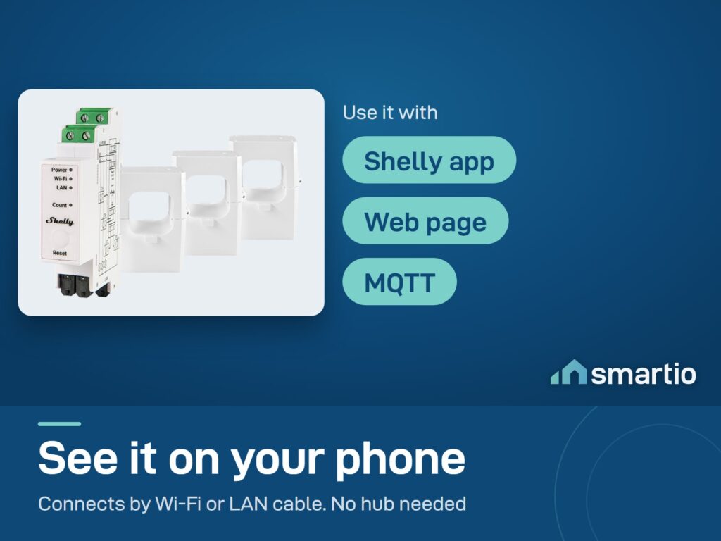 Shelly Pro 3EM-400 works with the Shelly app, its own web page and MQTT over Wi-Fi or a LAN cable, with no hub