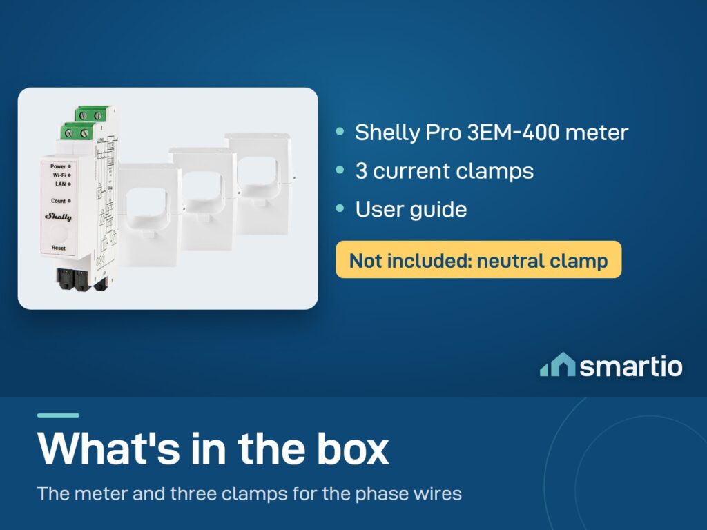 What's in the Shelly Pro 3EM-400 box: meter, 3 current clamps, user guide. The optional neutral clamp is not included