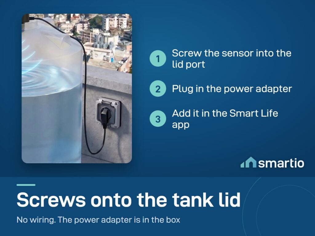 Water tank monitor setup: screw the sensor into the lid port, plug in the adapter, add it in the Smart Life app
