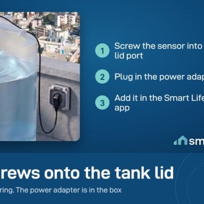 Water tank monitor setup: screw the sensor into the lid port, plug in the adapter, add it in the Smart Life app