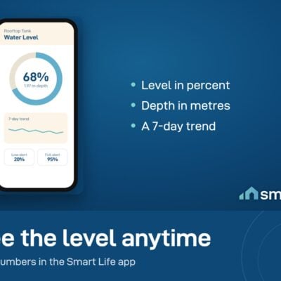 Smart Life app screen for the water tank monitor showing the level in percent, depth and a 7-day trend