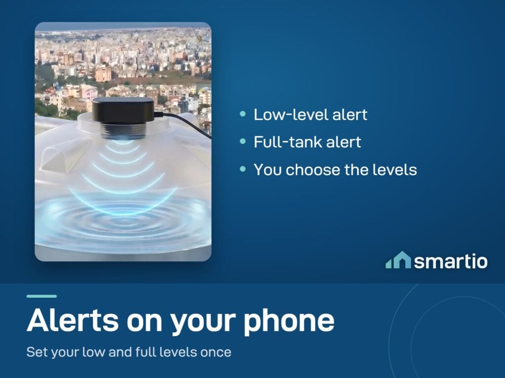 Water tank monitor on a rooftop tank sends low-level and full-tank alerts to your phone