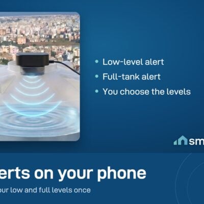 Water tank monitor on a rooftop tank sends low-level and full-tank alerts to your phone