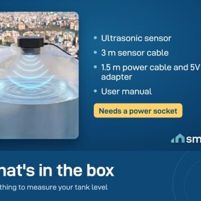 What's in the water tank monitor box: sensor, 3 m sensor cable, 1.5 m power cable with 5V adapter and manual