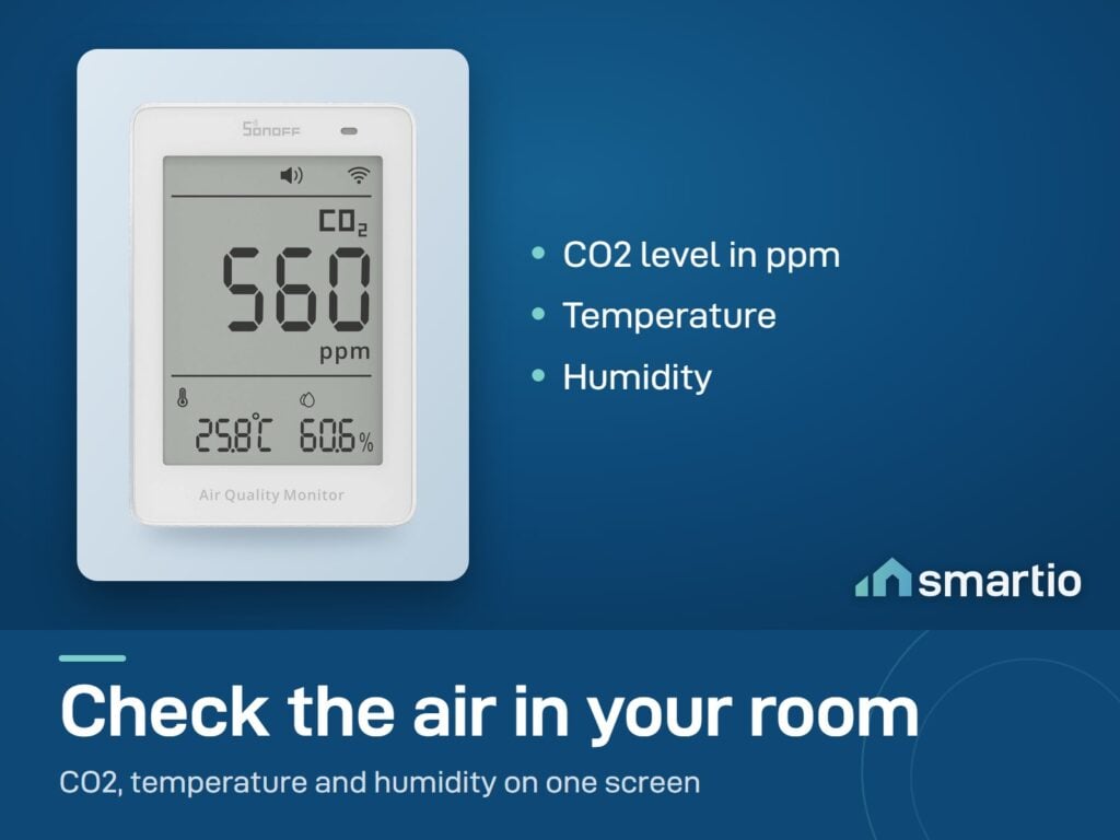 Sonoff AirGuard CO2 monitor showing CO2, temperature and humidity on its screen