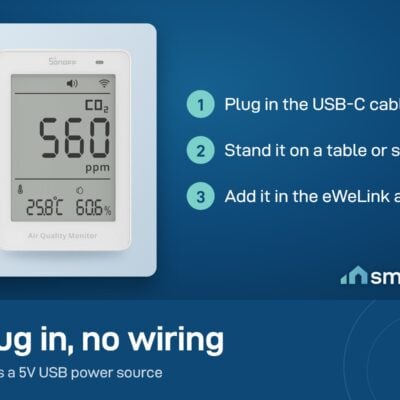 Sonoff AirGuard CO2 monitor setup: plug in the USB-C cable, stand it on a table, add it in the eWeLink app