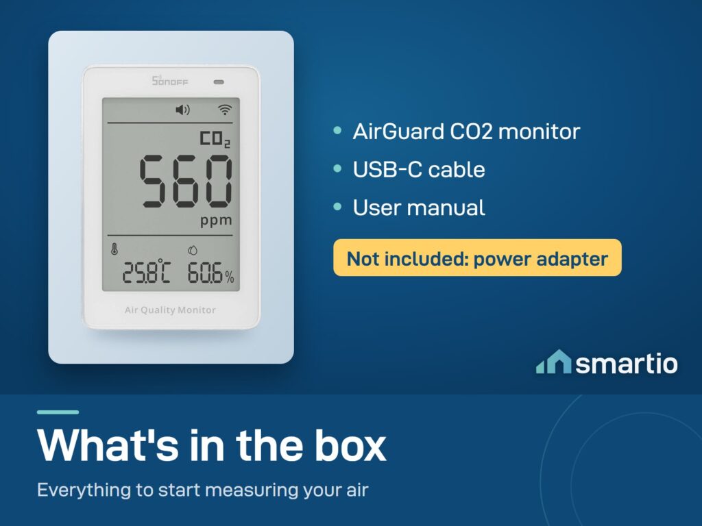 What's in the Sonoff AirGuard CO2 monitor box: the monitor, USB-C cable and manual. Power adapter is not included