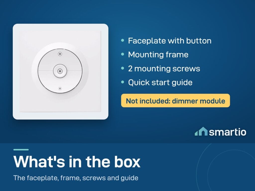 What's in the Sonoff Fusion EDIM box: faceplate with button, mounting frame, 2 screws, guide. Dimmer module not included