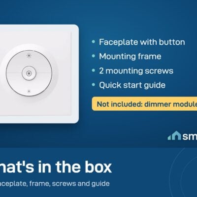 What's in the Sonoff Fusion EDIM box: faceplate with button, mounting frame, 2 screws, guide. Dimmer module not included